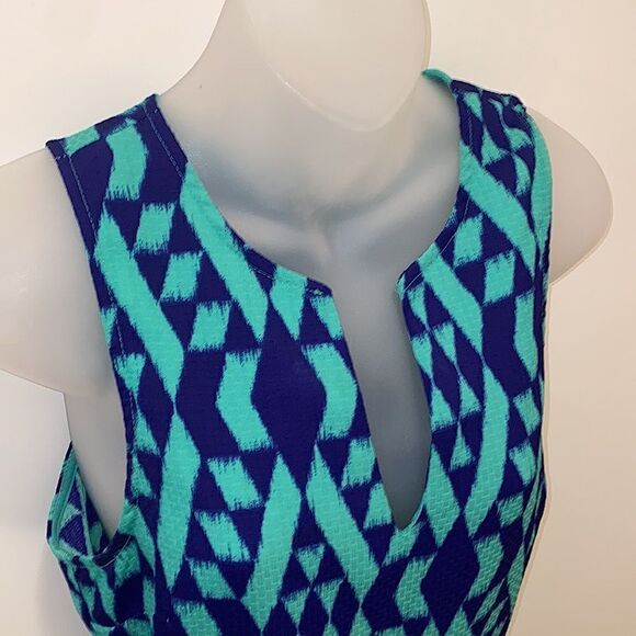 Everly Blue Green Geometric Diamond Sleeveless Dress Medium EUC - Picture 5 of 9